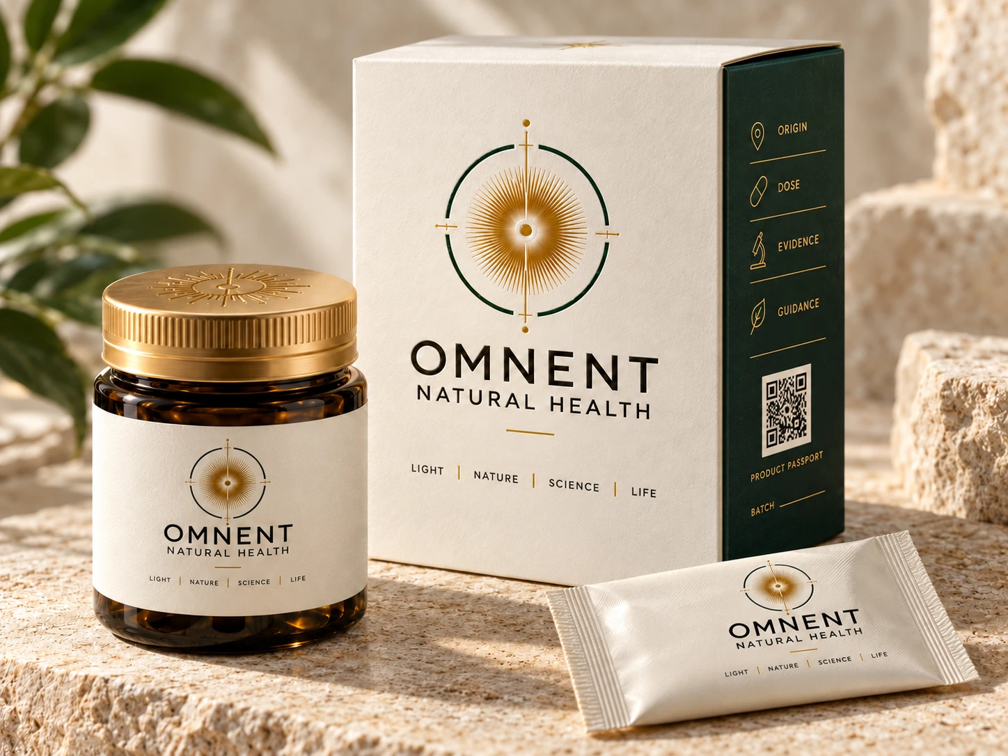 OMNENT carton with a clean front and a discreet passport panel on its green side.